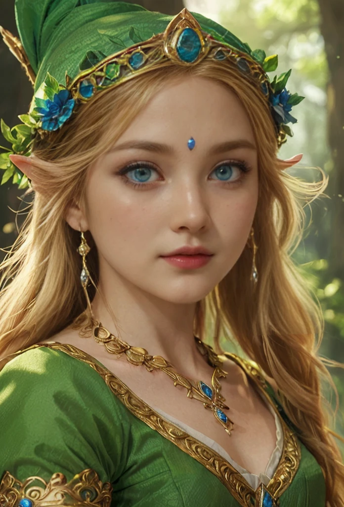 Princes Zelda, blue eyes, (best qualityer, ultra detail), (realisitic:1.37), beautiful and detailed face, ultra-realisitic texture, Exquisite face, Delicate body, red lipgloss stick, shiny colors. High definition, 8k.