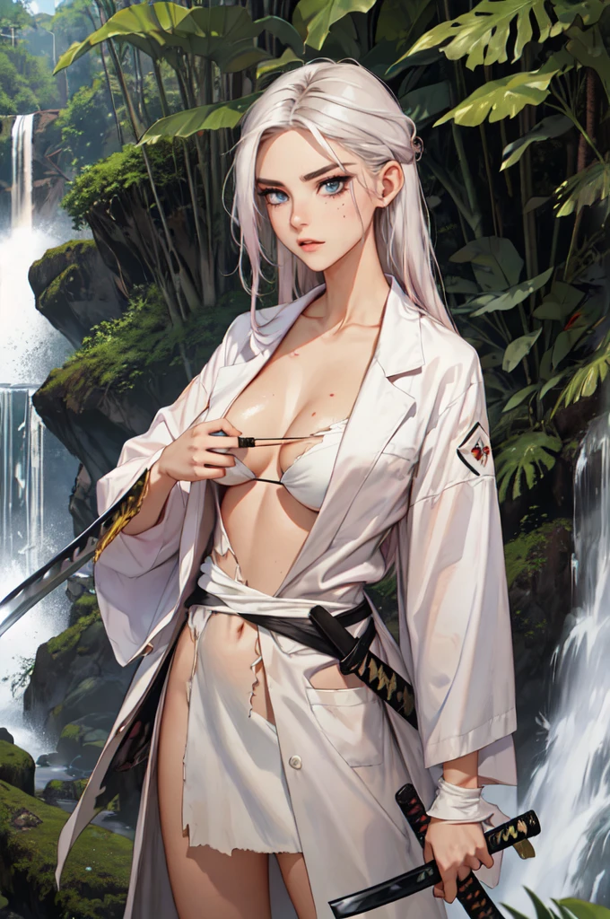 (lifelike, high - resolution:1.3), 1 girl with a perfect body,slender body, Super fine face and eyes,assasin, dark makeup, shiny skin,white hair,((torn and ripped jungle clothes underneath lab coat), Expose cleavage, extravagant makeup, pink eyeshadow, dark makeup shocked expression, shiny skin, action pose, extravagant makeup, leopard print, lab coat, savage lands, feral lands, (waterfall, soaked), grey blue eyes, (disheveled hair), (((wielding katana)))