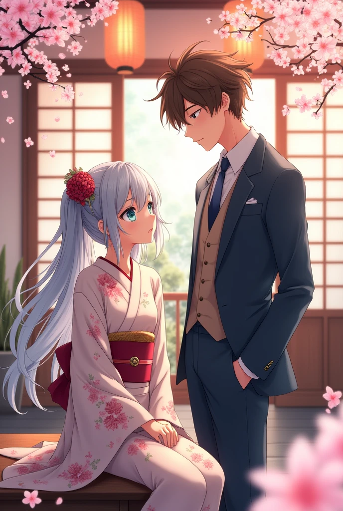 An anime girl with gray hair and blue eyes, seventeen years old, sitting in a kimono.. Beside a young man in his twenties with brown hair and green eyes in a suit
