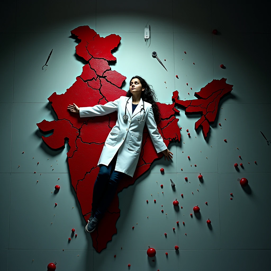 /Imagin Dead Indian doctor girl lying on the map of India. The map of India is made of blood and all the things are scattered on the floor of the operation theater and she has an esthethoscope around her neck.