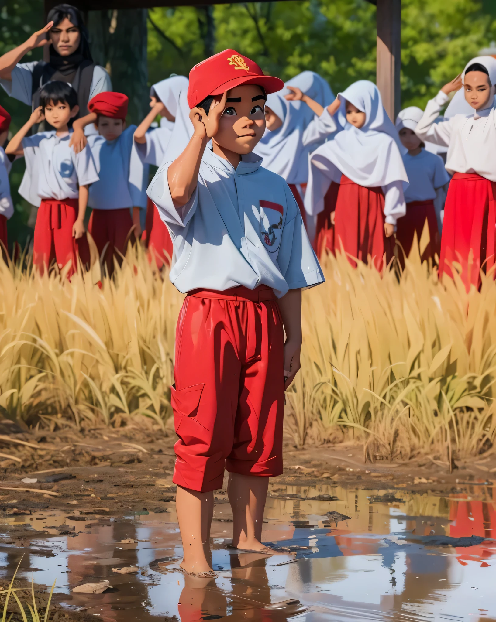 3d cartoon caricature, An Indonesian elementary school boy is raising his hand to his Temples of the head, a gesture of respect, Feet puddled in a puddle of wet earth, behind him there are male elementary school students wearing red hats and female elementary school students wearing white hijabs, a ceremony,The attitude of respect looks upwards, 3D render, 3D Cartoon, big head, cartoonish look, high resolution, super detail, soft lighting