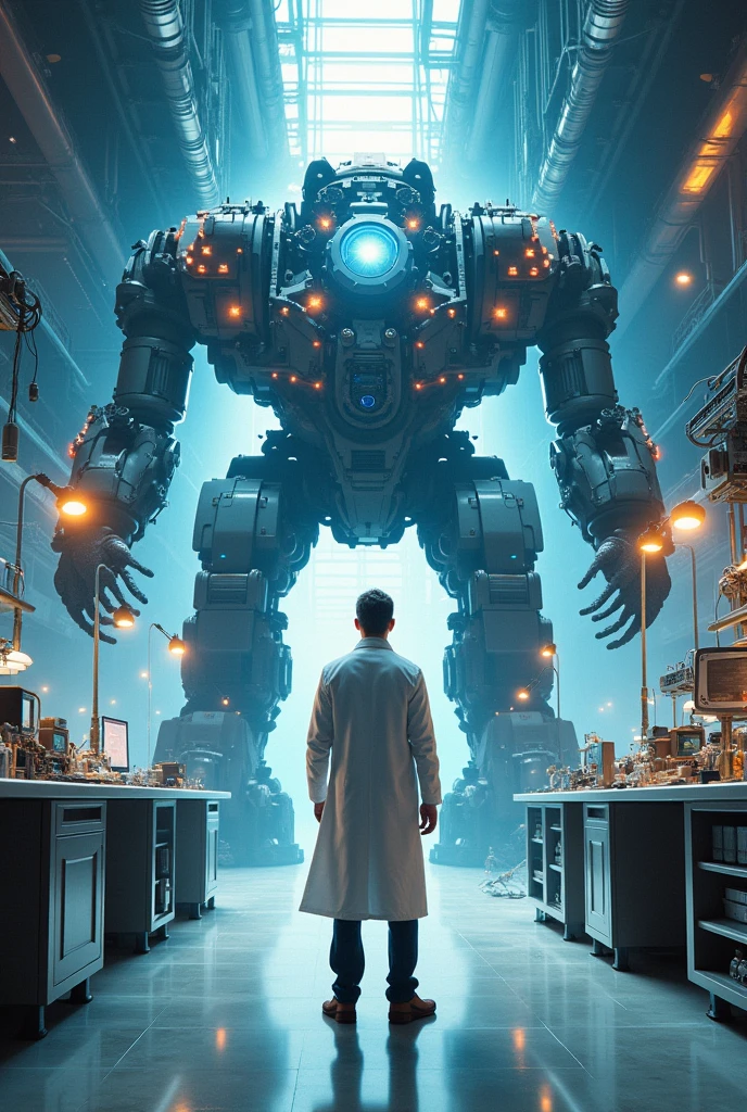 A scientist in a lab coat stands in front of a giant, futuristic machine. The machine is emitting beams of light, and the scientist has a determined expression on their face. The words "I Conquer the World!" are written in a more understated font in the background. Use graphic