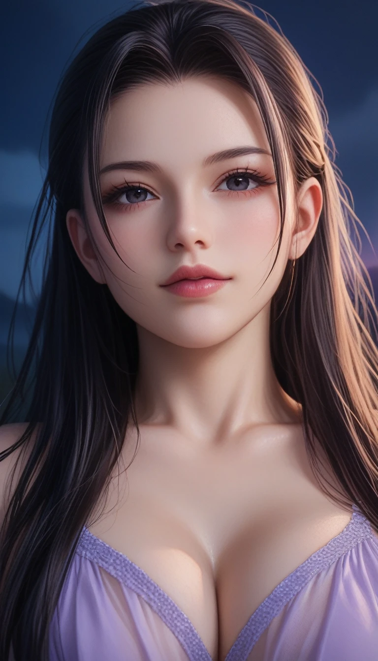 score_9, score_8_superior, score_7_superior, High-resolution CG illustration,A masterpiece in 32K resolution,Highest quality,it is really amazing,Very detailed,Ultra-high resolution,Ultra-realistic,Realistic,Increased depth of field,Cinematic lighting,
Sexy mature Japan woman,
Glossy black hair,Straight Long Hair,Showing his forehead,god々Beautiful,Ultra-detailed and beautiful face,Sensual look,Beautiful dark brown, moist eyes,Pitch black eyes,Glowing, moisturized skin,Translucent white skin,born々New skin texture,Great proportions,
Sexy summer resort slit dress,
Bold design,Detailed race decorations,A chic color scheme with a soft purple base,詳細なborn地の質感,
A dark and blurry night background,Dark overcast sky on a dull night,Dark clouds filling the sky,Thundercloud,Coastline at night,Stormy seas,delay々A desolate sandy beach that continues,
Cinematic,Low - Angle,