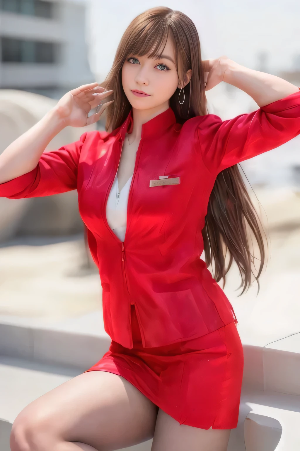 (Highest quality, masterpiece:1.2), (Realistic, photo Realistic:1.4),（AirAsia stewardess uniform realistic style）, A proper woman, Beautiful Face, Brown Hair, (Long hair down to the legs), (Red jacket, Unzipped jacket, Unbuttoned white shirt, Red mini skirt, pantyhose),（Showing big boobs through cleavage in unbuttoned white shirt）、Perfect slim body, Huge breasts, huge breasts cleavage, Detailed skin texture, Beautiful Eyes, (Attractive look), necklace、Earrings, On the roof of a building, Rooftop at daytime,Blue eyes、Keep your hands down、Super long hair down to the legs,Strong winds are blowing、Super long hair down to the legsを風になびかせる