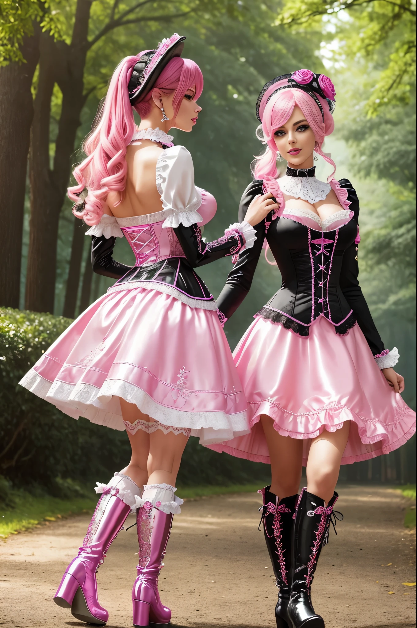 sexy stylish German model, only 1 female, long neon pink stylish hair, ((shiny Victorian-Style boots)), beautiful smile, ultra detailed eyes, vivid eye makeup, lipgloss, long lashes, defined eyebrows, ((sexy Paradise Kiss cosplay)), bell-shaped skirt, petticoats, high neckline, puffed sleeves, (( ultra detailed lace)), ((ultra detailed embroidery)), intricate details, Paradise Kiss accessoires and matching headpiece, choker, ((large sparkling Paradise Kiss jewelry)), cinematic light, detailed large park background with trees