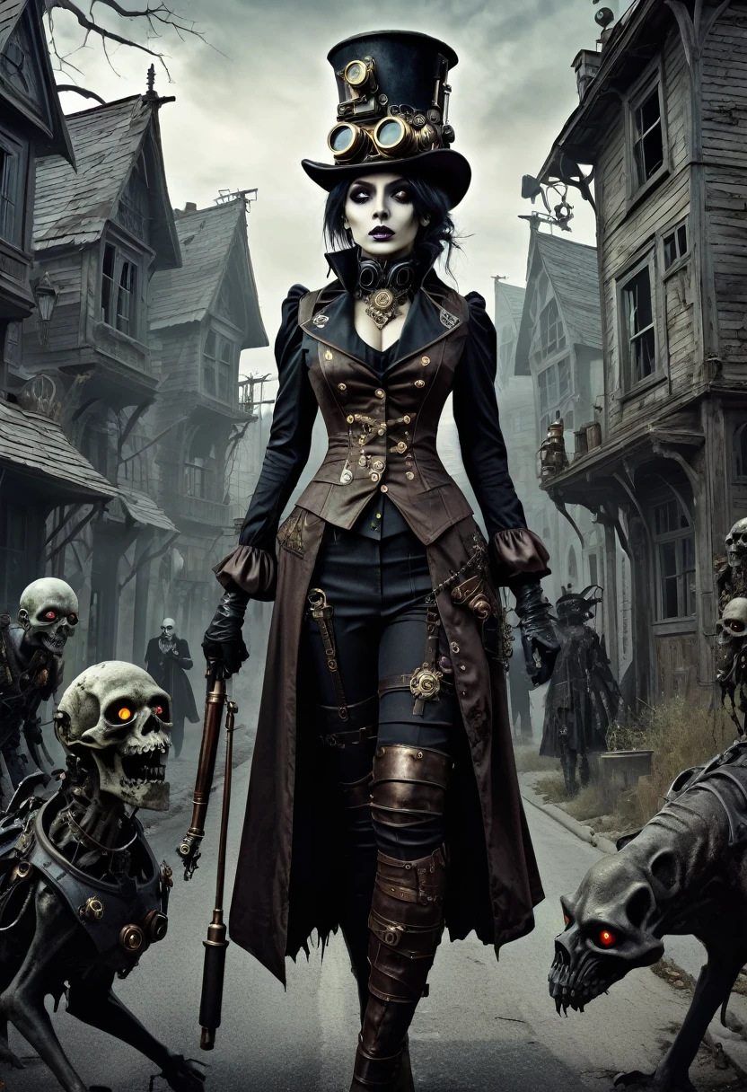 
an undead woman in a steampunk uniform searches a street of a semi-abandoned gothic village, next to her some grotesque and surreal undead characters