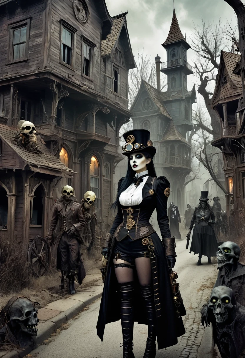 an undead woman in a steampunk uniform searches a street of a semi-abandoned gothic village, next to her some grotesque and surreal undead characters