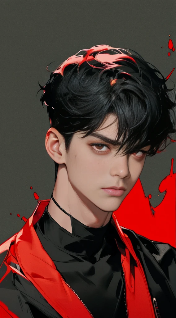 Short cut, man, black hair, red eyes, a little blood on his face, looks blunt, choker on his neck, black clothes, even his bangs
