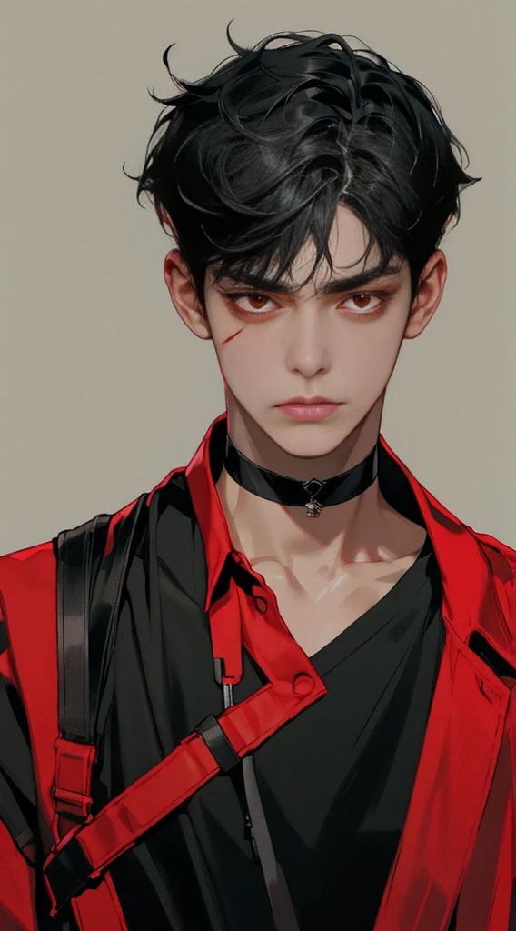 Short cut, man, black hair, red eyes, a little blood on his face, looks blunt, choker on his neck, black clothes, even his bangs