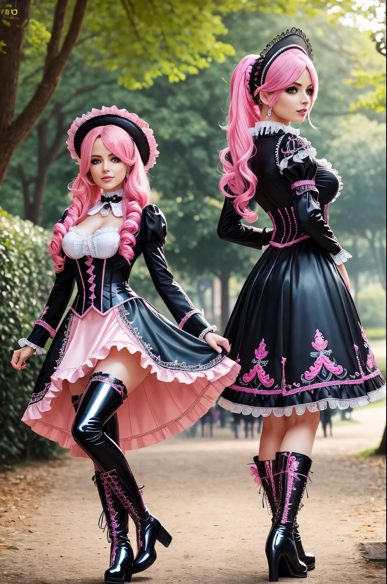 sexy stylish German model, only 1 female, long neon pink stylish hair, ((shiny Victorian-Style boots)), beautiful smile, ultra detailed eyes, vivid eye makeup, lipgloss, long lashes, defined eyebrows, ((sexy Paradise Kiss cosplay)), bell-shaped skirt, petticoats, high neckline, puffed sleeves, (( ultra detailed lace)), ((ultra detailed embroidery)), intricate details, Paradise Kiss accessoires and matching headpiece, choker, ((large sparkling Paradise Kiss jewelry)), cinematic light, detailed large park background with trees