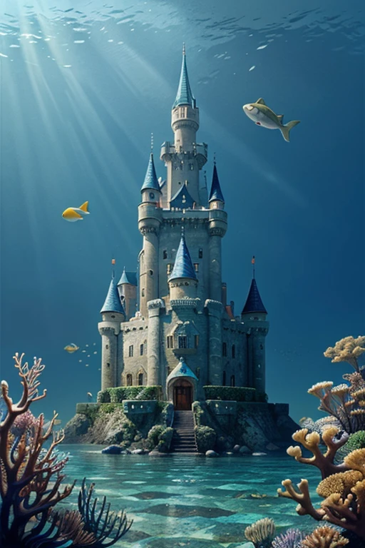 Create an illustration for a cartoon about the underwater world, where a castle stands at the bottom of the ocean, and beautiful colorful fish swim around