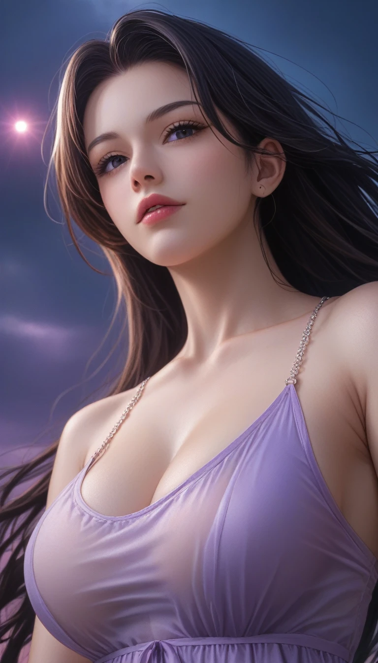 score_9, score_8_superior, score_7_superior, High-resolution CG illustration,A masterpiece in 32K resolution,Highest quality,it is really amazing,Very detailed,Ultra-high resolution,Ultra-realistic,Realistic,Increased depth of field,Cinematic lighting,
Sexy mature Japan woman,
Glossy black hair,Straight Long Hair,Showing his forehead,god々Beautiful,Ultra-detailed and beautiful face,Sensual look,Beautiful dark brown, moist eyes,Pitch black eyes,Glowing, moisturized skin,Translucent white skin,born々New skin texture,Great proportions,
Sexy summer resort slit dress,
Bold design,Detailed race decorations,A chic color scheme with a soft purple base,詳細なborn地の質感,
A dark and blurry night background,Dark overcast sky on a dull night,Dark clouds filling the sky,Thundercloud,Coastline at night,Stormy seas,delay々A desolate sandy beach that continues,
Cinematic,Low - Angle,