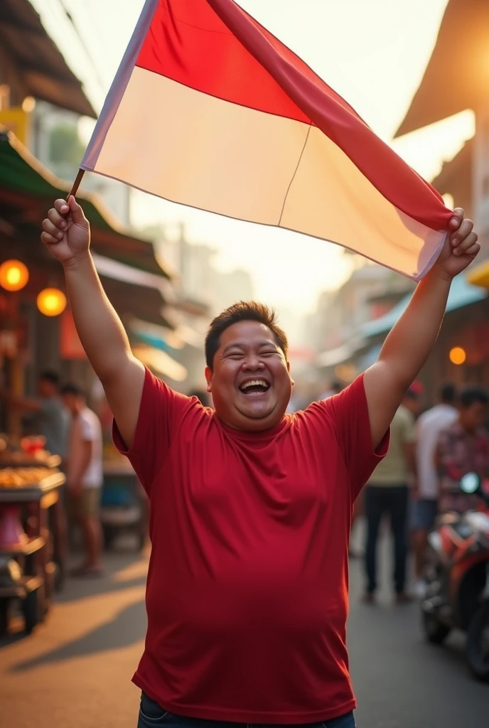 24 year young fat man,korean face,holding the Indonesian red and white flag
