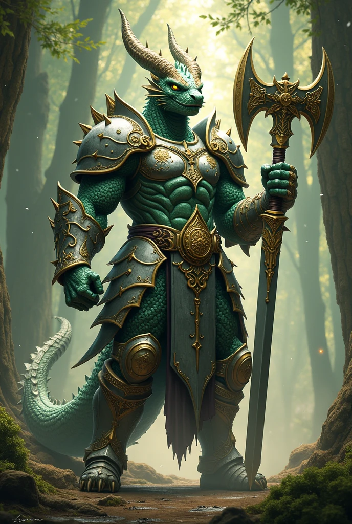 a dungeons and dragons paladin who is wielding a warhammer and a greatsword who is a dragon race
