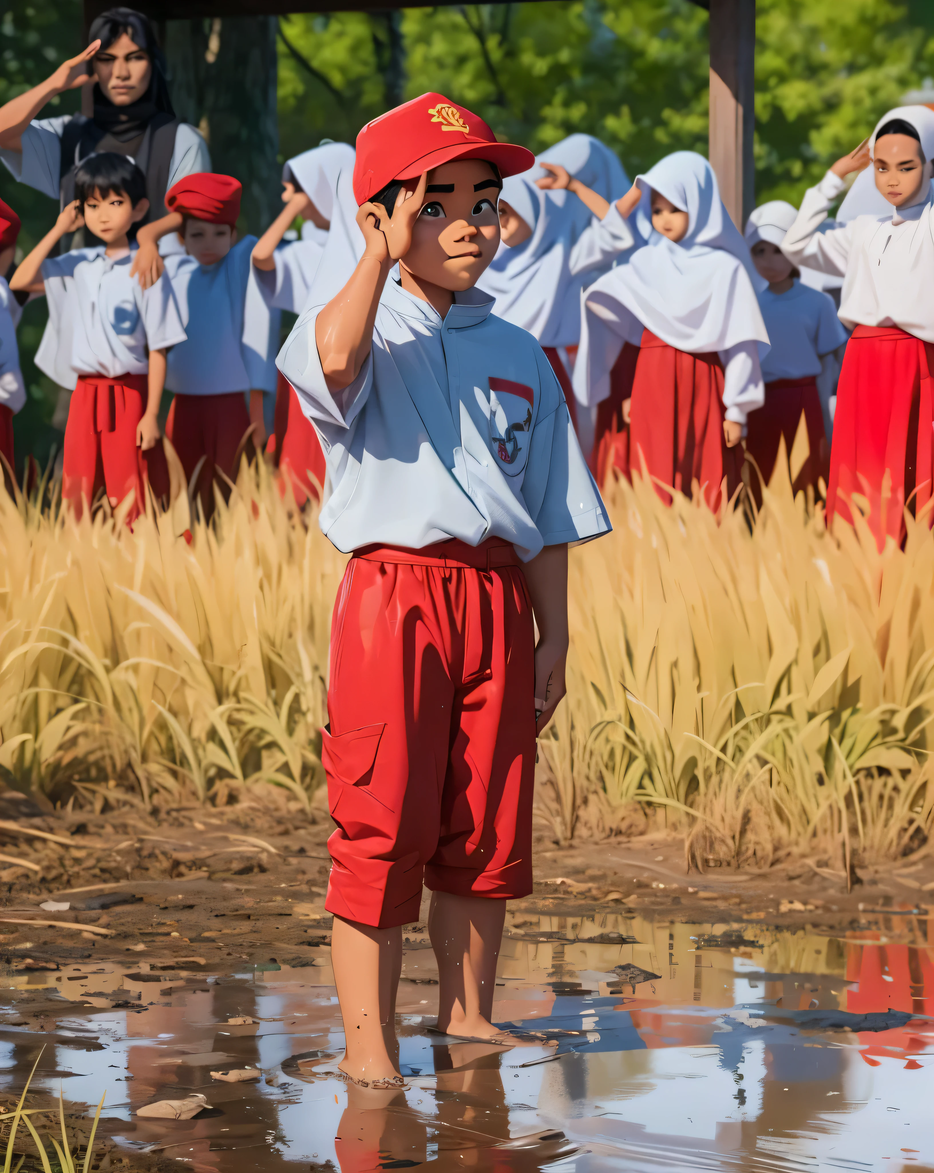 3d cartoon caricature, An Indonesian  is raising his hand to his Temples of the head, a gesture of respect, Feet puddled in a puddle of wet earth, behind him there are male elementary school stu hats and female elementary school students wearing white hijabs, mony,The attitude of respect looks upwards, 3D render, 3D Cartoon, big head, cartoonish look, high resolution, super detail, soft lighting