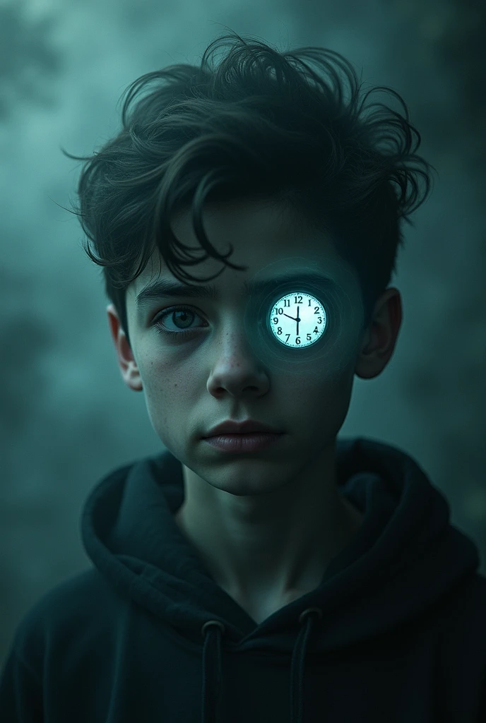 Novel, Webnovel, Webnovel Style, God's Clock, "God's Clock", God's Clock in text, A text saying "God's Clock", scary teenage boy's left eye is a clock, only the eye in tge image