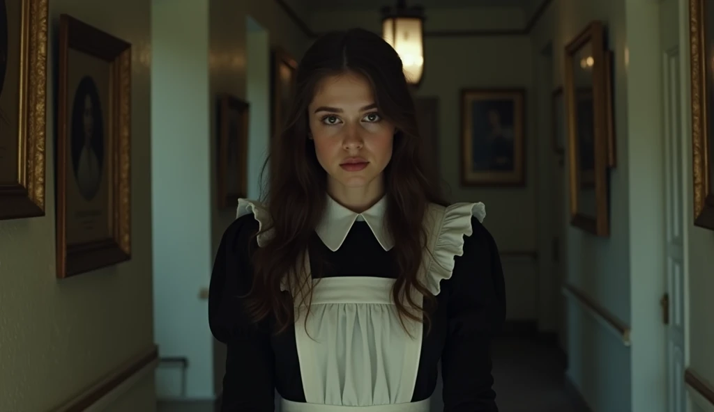 A young woman in her early 20s, with long, wavy dark brown hair and big brown eyes, wearing black and white maid outfits, ((with the model showing a full body view)), walks cautiously down a poorly lit hallway. The hall is filled with dusty old portraits, and the air is thick with the smell of history and decay. Her expression is one of quiet determination and a hint of anxiety, as if she feels something unseen watching her. The atmosphere is strange and tense. CINEMATIC, realistic, 4K, HDR, wide angle.