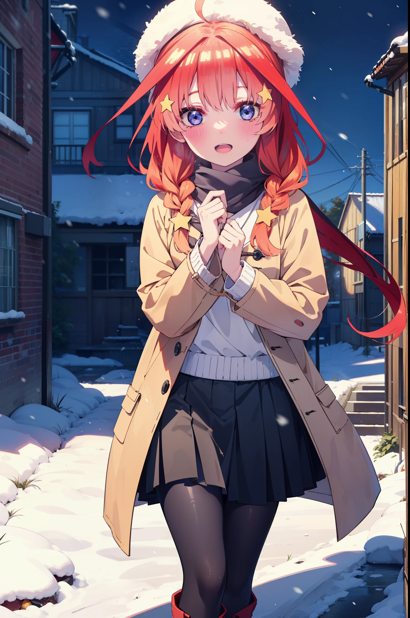 itsukinakano, Itsuki Nakano, bangs, blue eyes, Hair between the eyes, Ahoge, Redhead, star \(symbol\), hair ornaments, star hair ornaments,smile,Open your mouth,White Breath,blush,Long, thick braids,Knitted hat,White scarf,Red long coat,V-neck sweater,Black long skirt,Red pantyhose,short boots,snowが降っている,snowが積もっている,snow,snow,snow,snow,Walking,whole bodyがイラストに入るように,night,
break outdoors,Residential Street,
break looking at viewer, whole body,
break (masterpiece:1.2), Highest quality, High resolution, unity 8k wallpaper, (figure:0.8), (Beautiful attention to detail:1.6), Highly detailed face, Perfect lighting, Highly detailed CG, (Perfect hands, Perfect Anatomy),