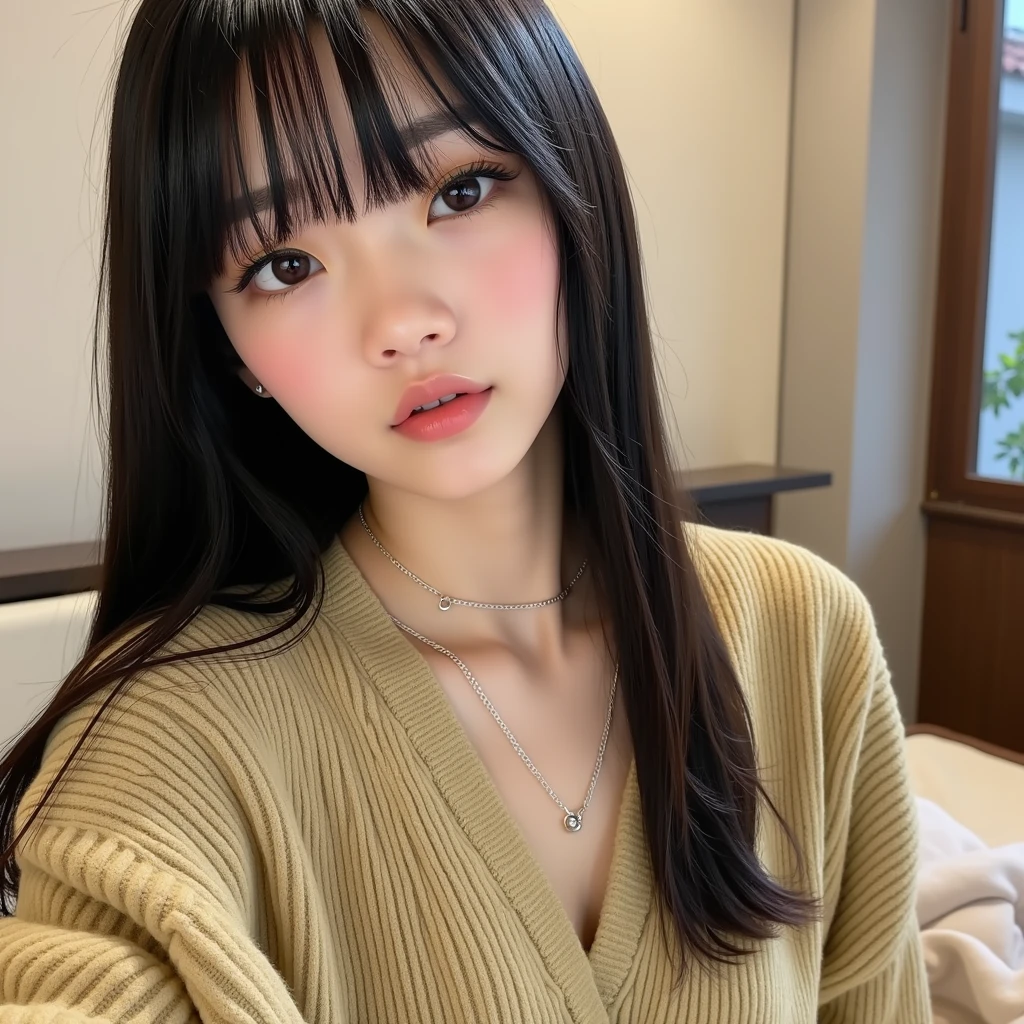 Wearing a knitted sweater & mini skirt, (Lift up your skirt to show your underwear:1.3), Realistic photo, of Japanese, nude, Lie on the bed with your legs spread, The lower body is a futuristic machine, Detailed face and body, Natural light, High resolution, photoRealistic, (Highest quality,8k,High resolution,masterpiece:1.2),Very detailed,(Realistic,photoRealistic,photo-Realistic:1.37),Realistic skin texture,Beautiful long eyes and lips,Beautifully detailed face,Long eyelashes,Smooth Skin,Natural body shape,((Medium Hair,Straight Hair,Keep your bangs straight down)),(Thin face,Small jaw,Wide forehead)