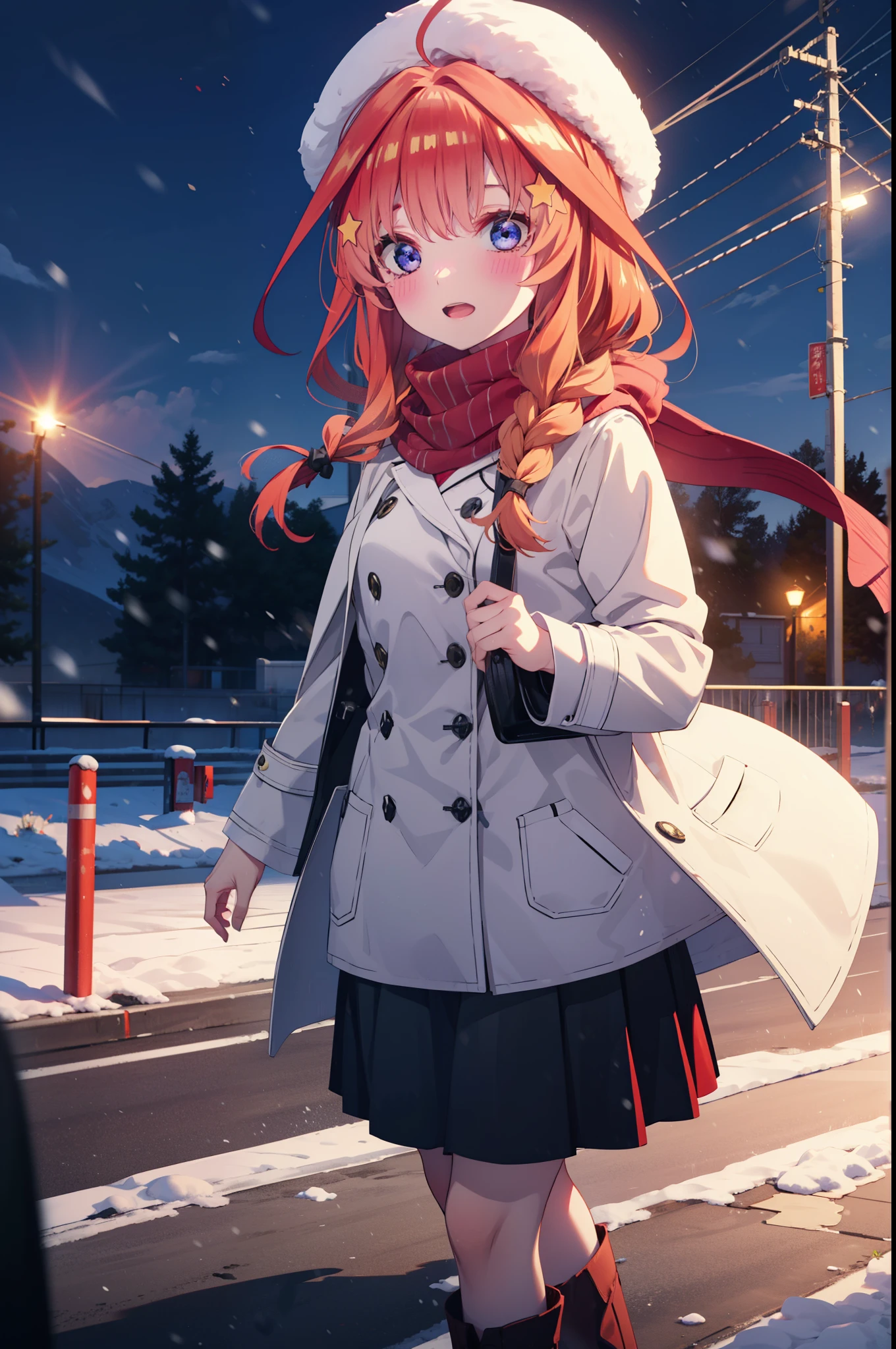 itsukinakano, Itsuki Nakano, bangs, blue eyes, Hair between the eyes, Ahoge, Redhead, star \(symbol\), hair ornaments, star hair ornaments,smile,Open your mouth,White Breath,blush,Long, thick braids,Knitted hat,White scarf,Red long coat,V-neck sweater,Black long skirt,Red pantyhose,short boots,snowが降っている,snowが積もっている,snow,snow,snow,snow,Walking,whole bodyがイラストに入るように,night,
break outdoors,Residential Street,
break looking at viewer, whole body,
break (masterpiece:1.2), Highest quality, High resolution, unity 8k wallpaper, (figure:0.8), (Beautiful attention to detail:1.6), Highly detailed face, Perfect lighting, Highly detailed CG, (Perfect hands, Perfect Anatomy),