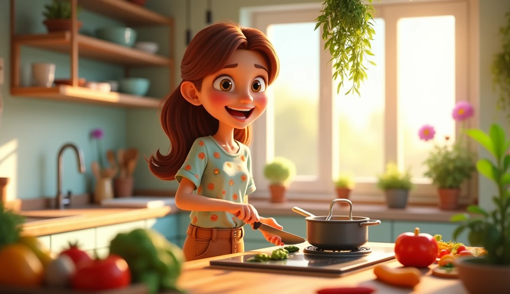 An 22 year old girl  brown in a  kitchen making food animated ,3d render  wearing trouser and shirt 