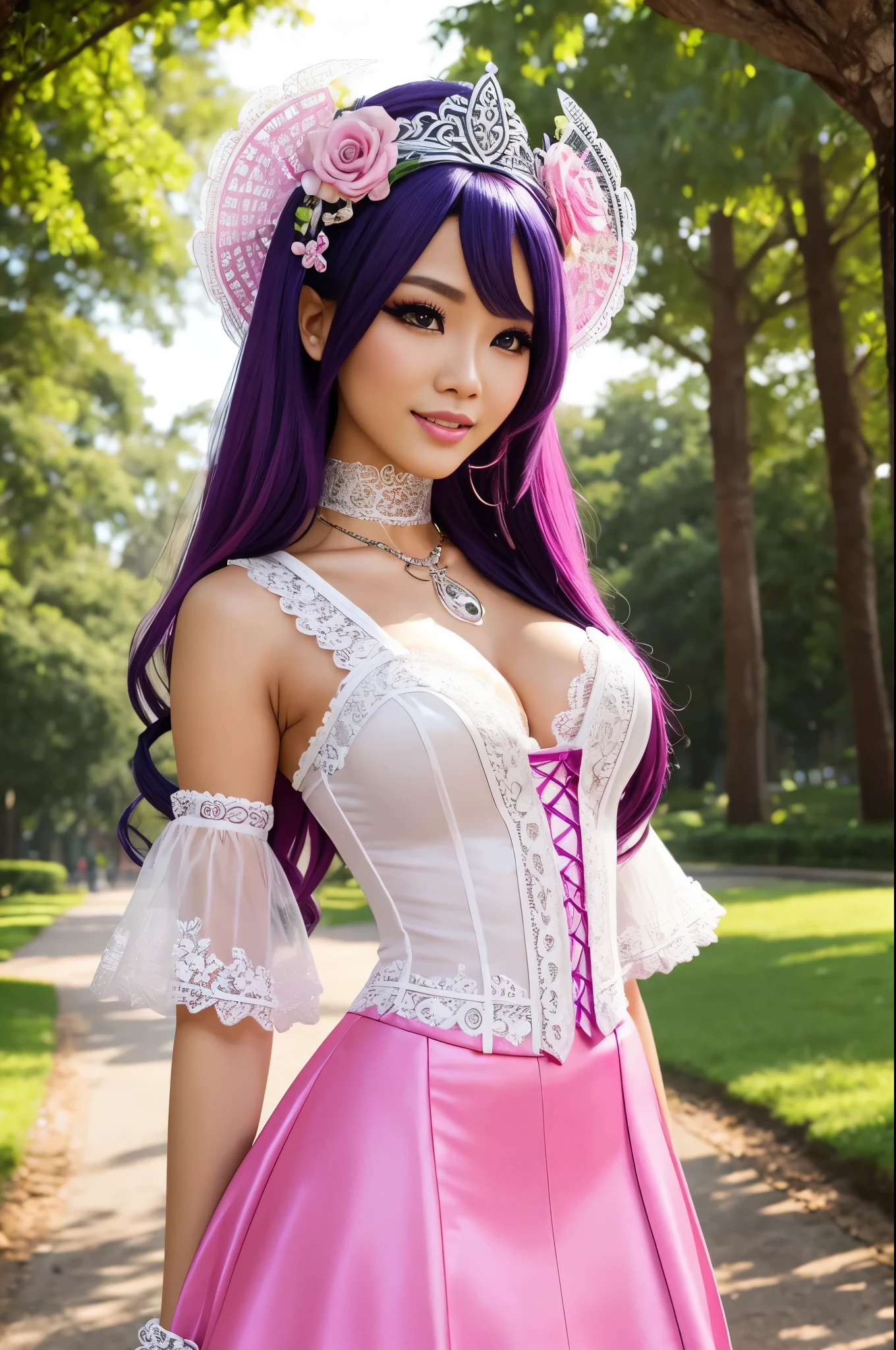 sexy stylish Thai model, only 1 female, long neon pink stylish hair, ((shiny Victorian-Style boots)), beautiful smile, ultra detailed eyes, vivid eye makeup, lipgloss, long lashes, defined eyebrows, ((sexy Paradise Kiss cosplay)), bell-shaped skirt, petticoats, high neckline, puffed sleeves, (( ultra detailed lace)), ((ultra detailed embroidery)), intricate details, Paradise Kiss accessoires and matching headpiece, choker, ((large sparkling Paradise Kiss jewelry)), cinematic light, detailed large park background with trees