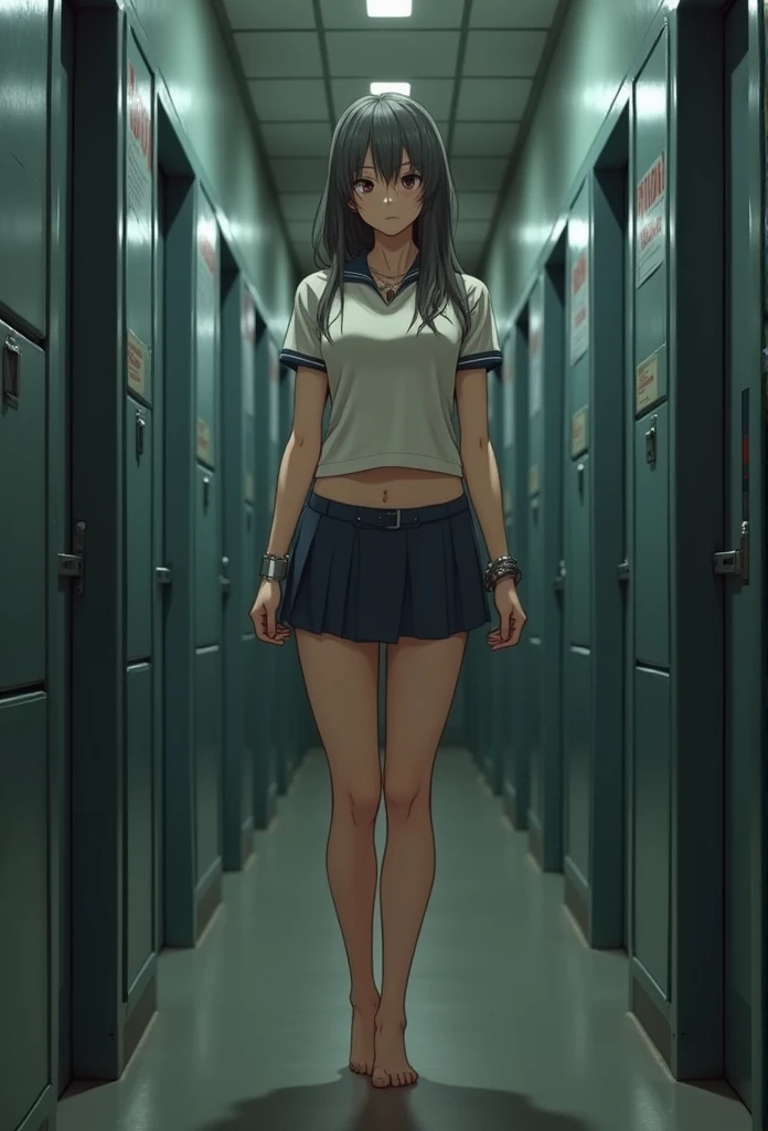 photograph, Locked up in a detention center, Huge breasts, Prisoner, high school girl、School uniforms, barefoot, Iron barsの中,Iron bars，handcuffs,Upper body naked，nude