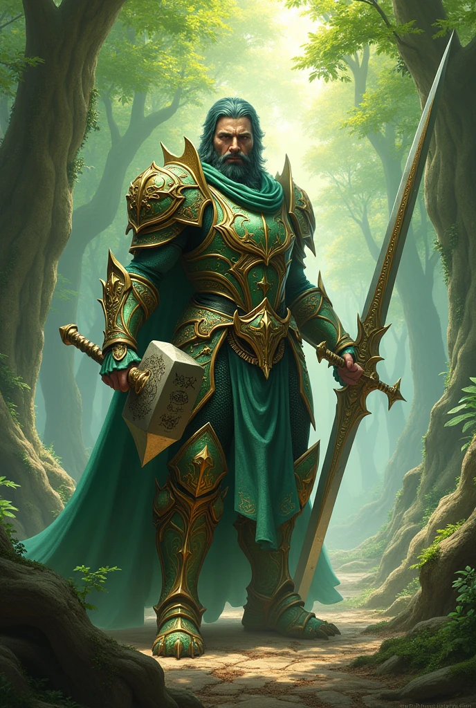 a dungeons and dragons paladin who is wielding a warhammer and a greatsword who is a dragon race