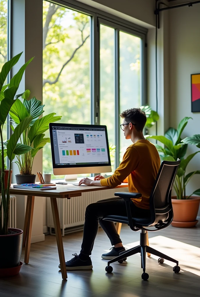 Design-service faced office by computer 