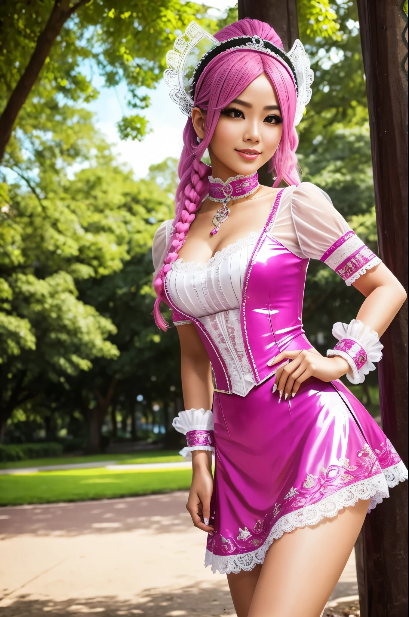 sexy stylish Thai model, only 1 female, long neon pink stylish hair, ((shiny Victorian-Style boots)), beautiful smile, ultra detailed eyes, vivid eye makeup, lipgloss, long lashes, defined eyebrows, ((sexy Paradise Kiss cosplay)), bell-shaped skirt, petticoats, high neckline, puffed sleeves, (( ultra detailed lace)), ((ultra detailed embroidery)), intricate details, Paradise Kiss accessoires and matching headpiece, choker, ((large sparkling Paradise Kiss jewelry)), cinematic light, detailed large park background with trees