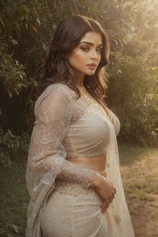 cowboy shot scenic professional photograph of RAW photo, photorealistic, [:intricate details:0.3], best quality, photo of beautiful Aishwarya Rai Bachchan Indian actress 45y old woman, with brown hair, detailed skin, (like a plus size:1.1), (beautiful round shape breasts:1.1), (big ass:1.1), ( white, red, blue, color saree with blouse), 1girl, graceful body structure, from front, looking at viewer, cowboy shot, in outdoor London town city, natural color, perfect viewpoint, highly detailed, wide-angle lens, hyper realistic, with dramatic sky, polarizing filter, natural lighting, vivid colors, everything in sharp focus, HDR, UHD, 64K Photorealistic, Hyperrealistic, Hyperdetailed, analog style, detailed skin, matte skin, soft lighting, subsurface scattering, realistic, heavy shadow, masterpiece, best quality, ultra realistic, 8k, golden ratio, Intricate, High Detail, film photography, soft focus