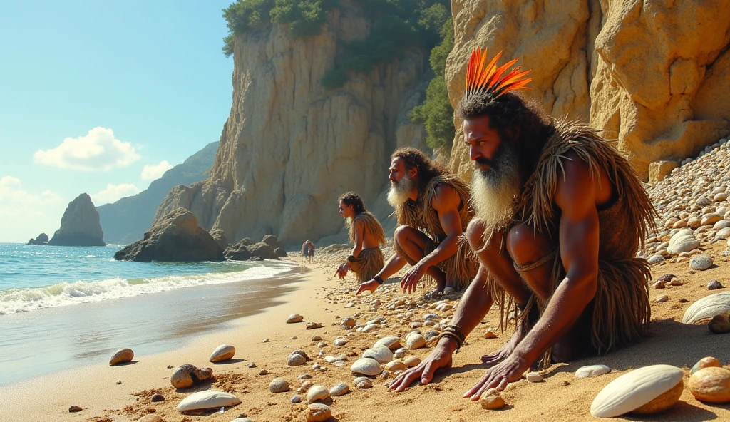 Holocene period, Neanderthals wearing bird feathers and leather on a remote rocky beach in a sunny day with plenty of oysters, fish bones and on the ground , searching for shells on the sand, dead fish on the sand, piles of shells nearby