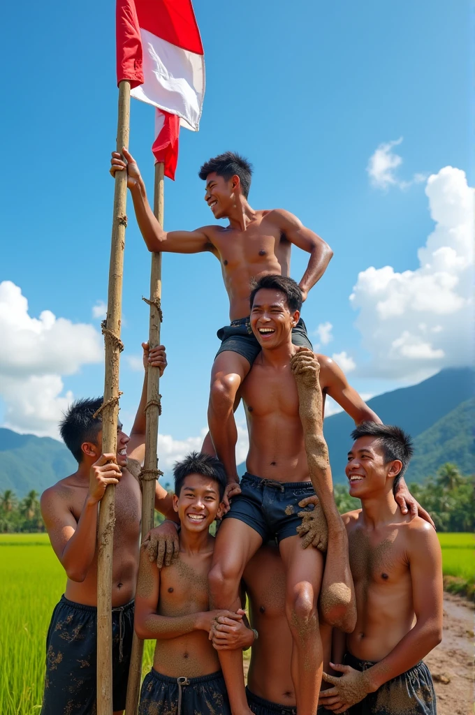 several young people stepped on each other's shoulders and climbed to the top, the traditional Indonesian sport of pinang climbing, with red and white flags on top of the poles, people covered in mud