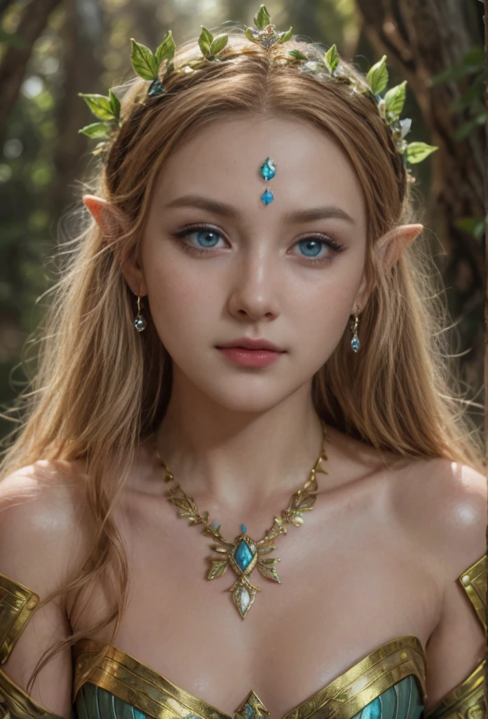 Princes Zelda, blue eyes, (best qualityer, ultra detail), (realisitic:1.37), beautiful and detailed face, ultra-realisitic texture, Exquisite face, Delicate body, red lipgloss stick, shiny colors. High definition, 8k.