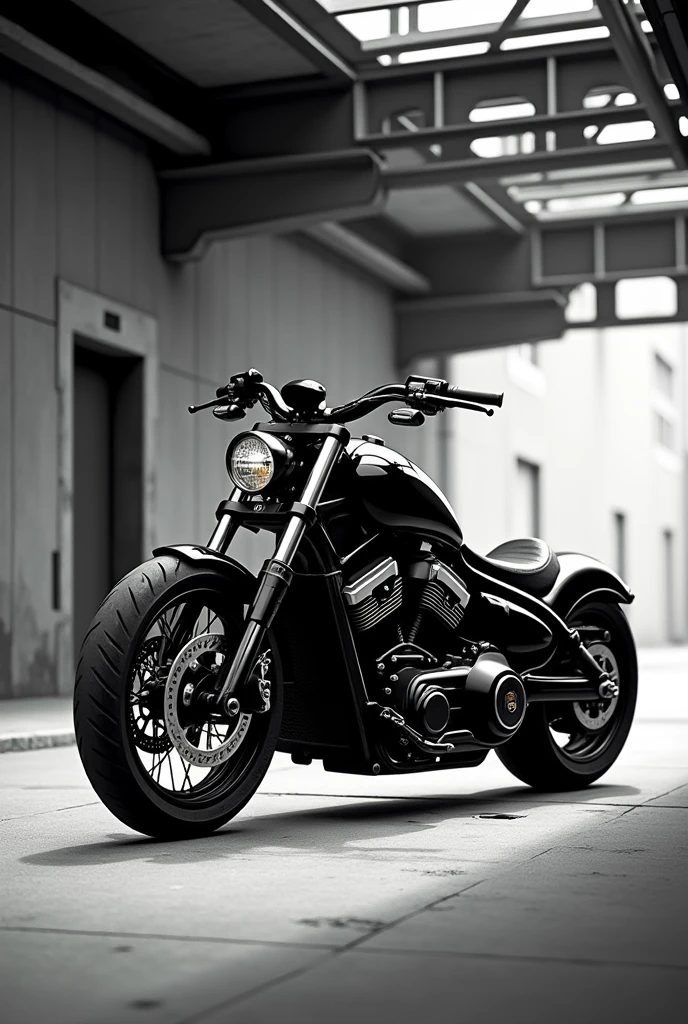 Monochrome illustration of a Harley Davidson V-Rod style motorcycle