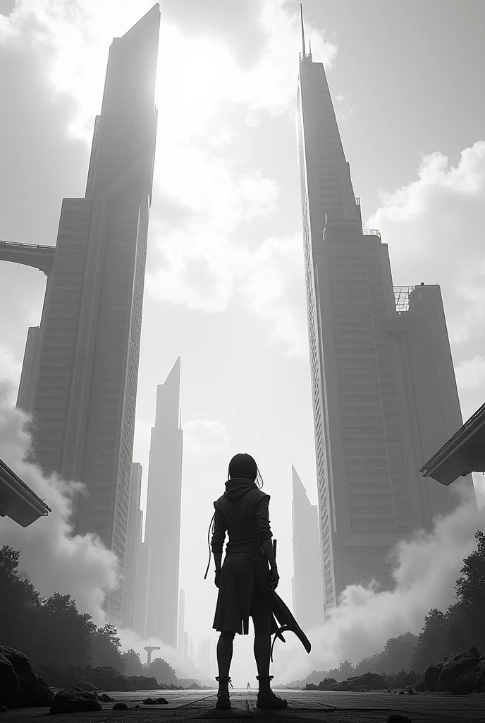 Future world Black and white picture for drawing, landscape pose 