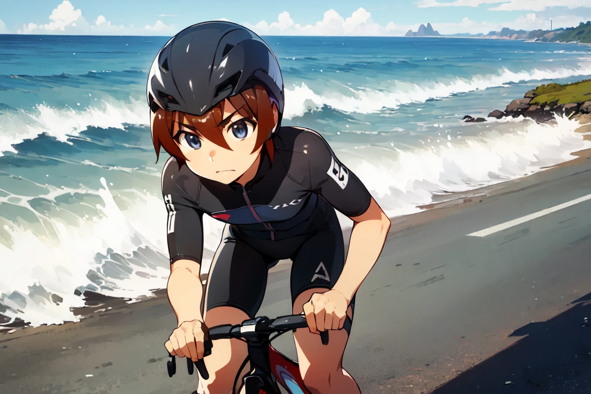 ride a bicycle, One Man, (Keiichi_Maehara), Brown Hair, blue eyes, ((aero cycling helmets)), Cycle pro team wear, Seaside Road, Road race, Blue sky and sea, The shadows of the players, Strong winds, Wave Splash, Broad horizon