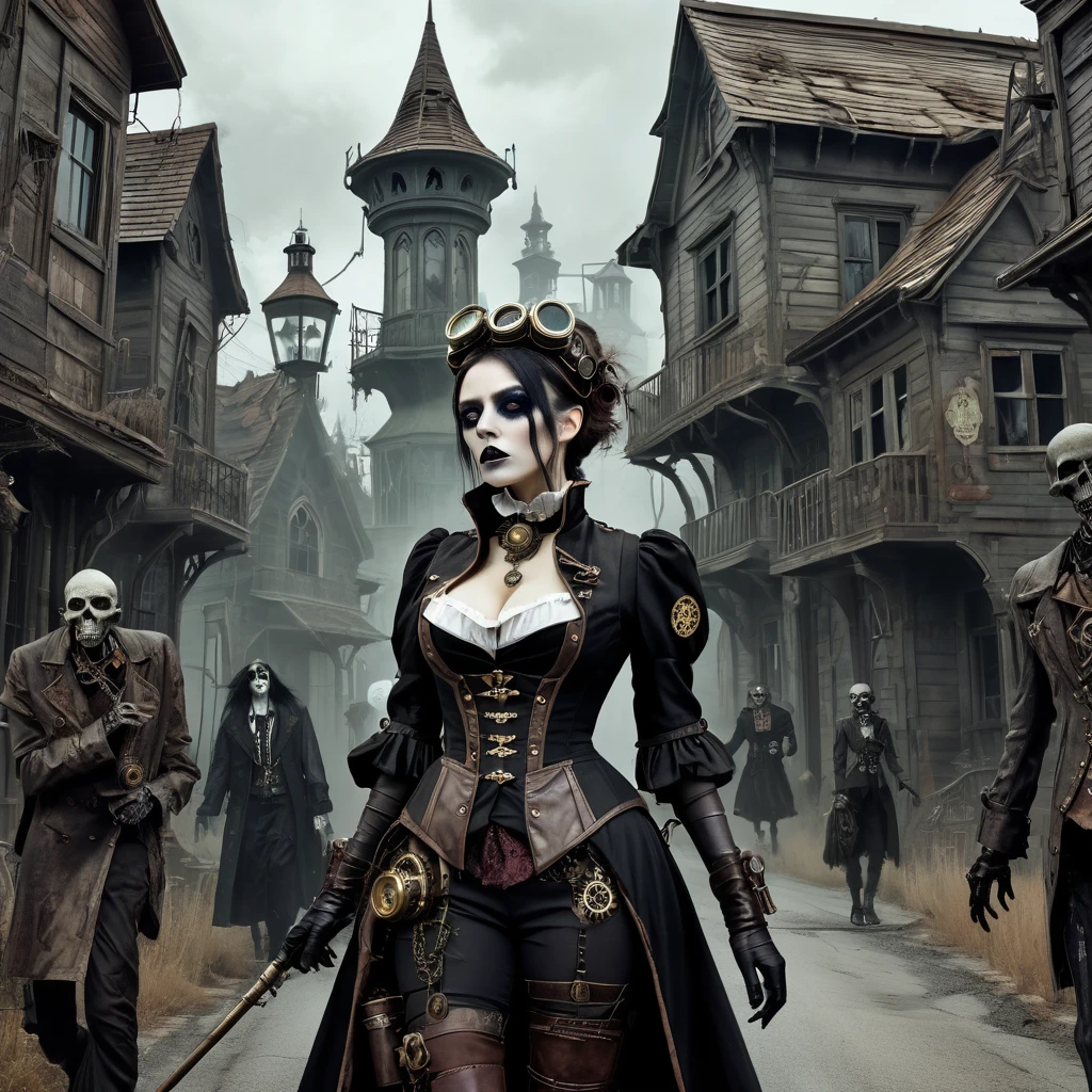 an undead woman in a steampunk uniform searches a street of a semi-abandoned gothic village, next to her some grotesque and surreal undead characters