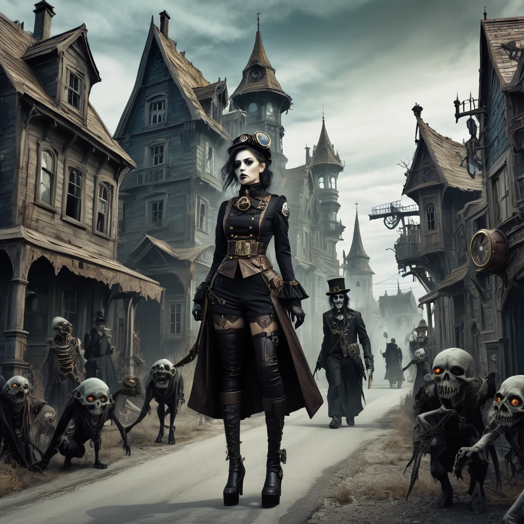 
an undead woman in a steampunk uniform searches a street of a semi-abandoned gothic village, next to her some grotesque and surreal undead characters
