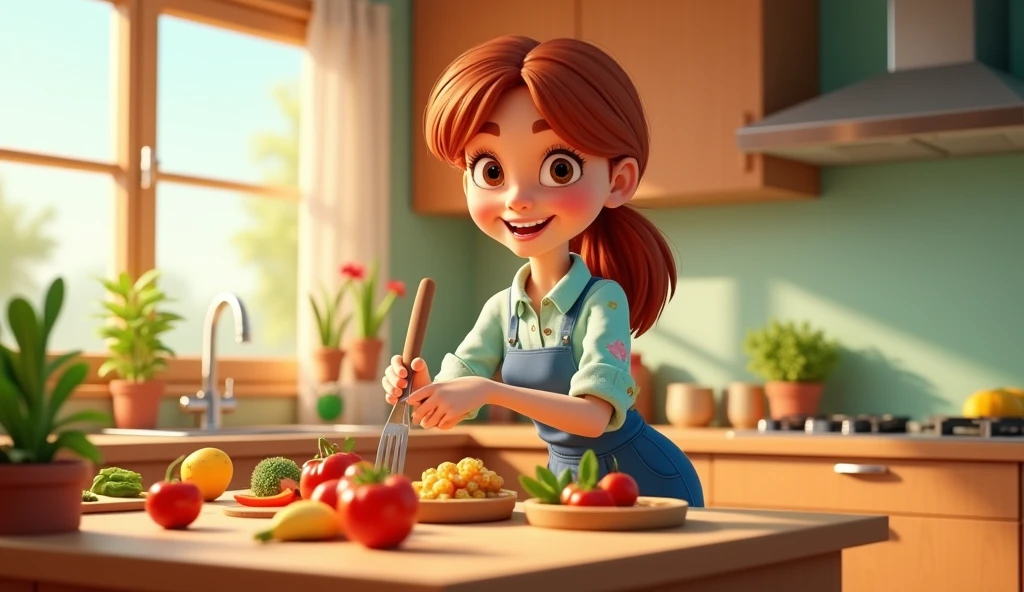 An 22 year old girl  in a  kitchen making food animated ,3d render  wearing trouser and shirt 