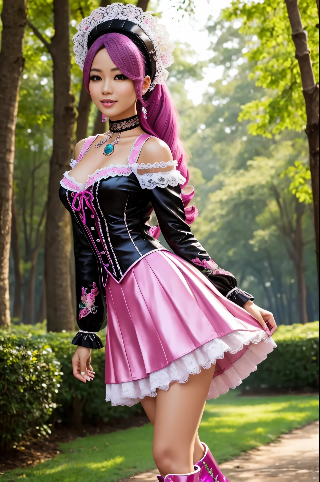 sexy stylish Thai model, only 1 female, long neon pink stylish hair, ((shiny Victorian-Style boots)), beautiful smile, ultra detailed eyes, vivid eye makeup, lipgloss, long lashes, defined eyebrows, ((sexy Paradise Kiss cosplay)), bell-shaped skirt, petticoats, high neckline, puffed sleeves, (( ultra detailed lace)), ((ultra detailed embroidery)), intricate details, Paradise Kiss accessoires and matching headpiece, choker, ((large sparkling Paradise Kiss jewelry)), cinematic light, detailed large park background with trees