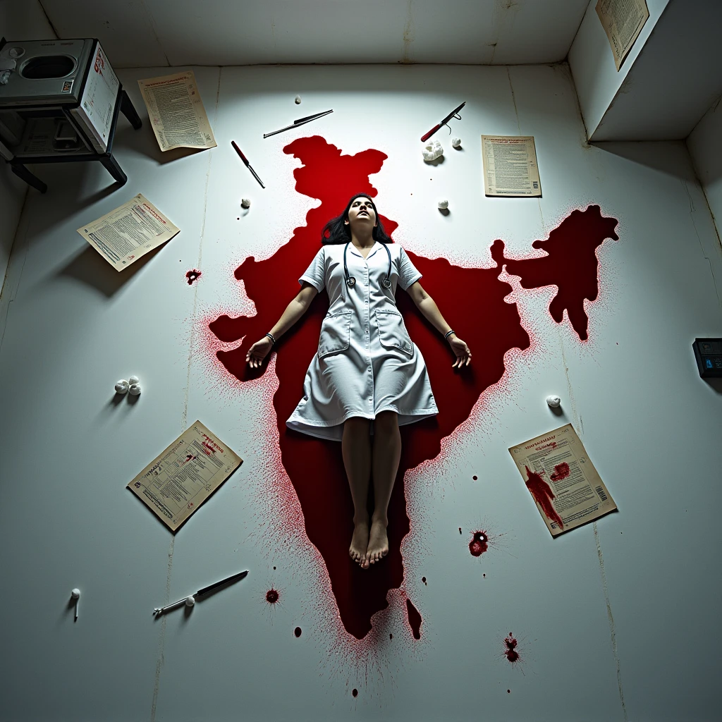 /Imagin Dead Indian doctor girl lying on the map of India. The map of India is made of blood and all the things are scattered on the floor of the operation theater and she has an esthethoscope around her neck.