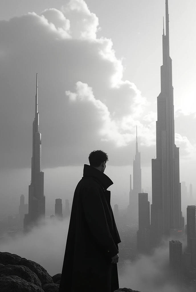 Future world Black and white picture for drawing, landscape pose, horizontal 