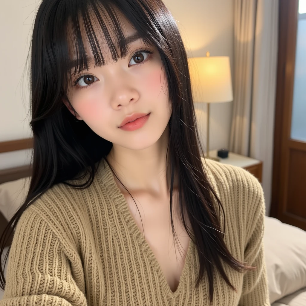 Wearing a knitted sweater & mini skirt, (Lift up your skirt to show your underwear:1.3), Realistic photo, of Japanese, nude, Lie on the bed with your legs spread, The lower body is a futuristic machine, Detailed face and body, Natural light, High resolution, photoRealistic, (Highest quality,8k,High resolution,masterpiece:1.2),Very detailed,(Realistic,photoRealistic,photo-Realistic:1.37),Realistic skin texture,Beautiful long eyes and lips,Beautifully detailed face,Long eyelashes,Smooth Skin,Natural body shape,((Medium Hair,Straight Hair,Keep your bangs straight down)),(Thin face,Small jaw,Wide forehead,The space between the eyes is narrow)