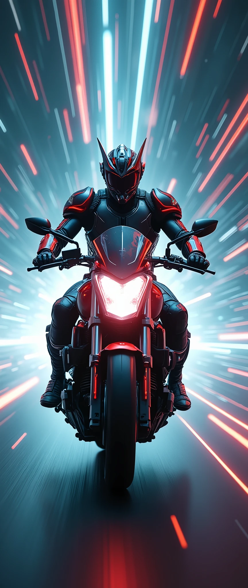 (masterpiece,8k,wallpaper),(Ray Tracing),(sf:2.0),(cyber punk:2.0),(Kamen Rider riding a motorcycle:2.0),(Kamen Rider with a hawk motif:2.0),(Motorcycle in the style of Kamen Rider),(Camera footage from the front of the aircraft:2.0),(Warping motorcycle:2.0),(Expressing superluminal speed with a beautiful white line of light:2.0),(The background is a wormhole:2.0),(VFX:2.0,CG:2.0),(Motion Blur)