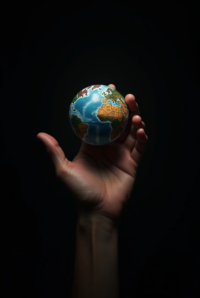 
A single hand reaching out from a dark background, holding a globe in its palm. The hand could be strong and determined, with the globe appearing small and vulnerable in its grasp.you could add a few lines to suggest the outline of a city or a landscape in the background. Use novel

