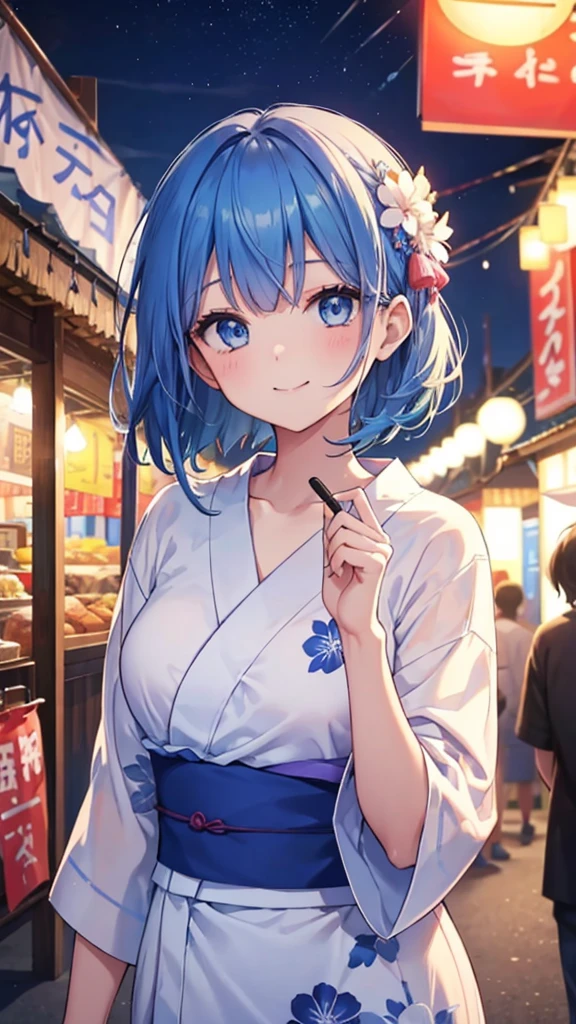 Bob Hair、Blue Hair、High school girls、Gal、Blue eyes、beautiful girl、low length、summer、night、Festivals、stall、yukata、A happy smile、I have cotton candy.、Upper Body