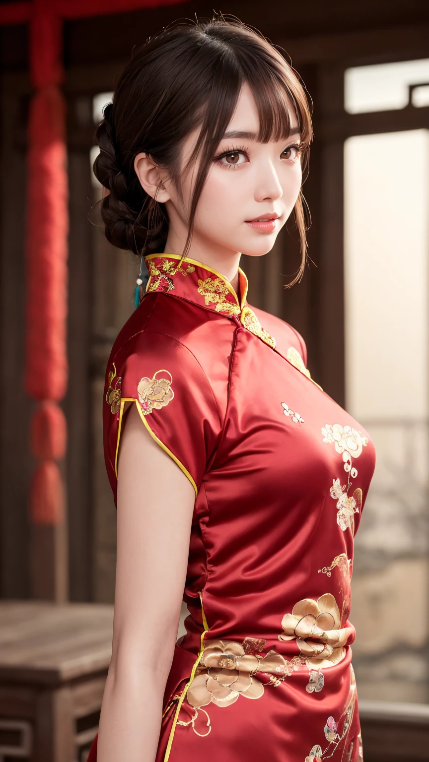Realistic, masterpiece, Highest quality, Highest Resolution, Anatomically correct, Accurate ???????, 7 heads, Height: 165cm, One Japanese woman, profile, Staring at the audience, Smiling with an open mouth, Staring at the audience, Fine and beautiful eyes, Sparkling eyes, Thin eyebrows, Gives lashes a delicate finish, False eyelashes, (Chinese traditional makeup:1.2), (Dumpling＋Braided hair, Blunt bangs, Brown Hair:1.2), Detailed face, Sharp Eyes, (Traditional Chinese Dress, Clothes that fit snugly to the body, Random Color:1.3), Upper body photo, Background like ink painting
