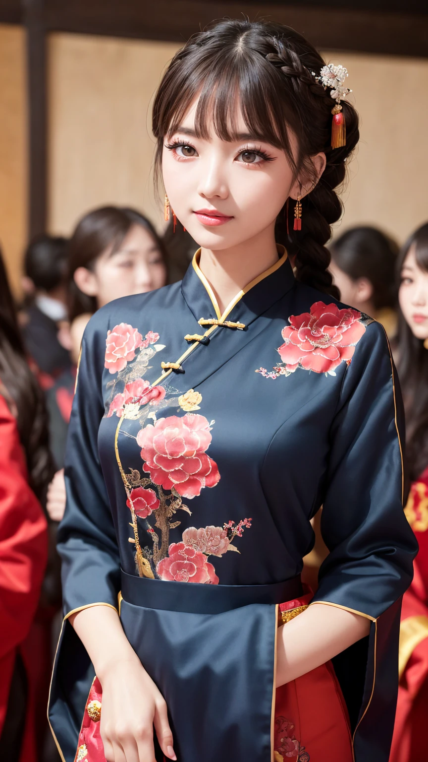 Realistic, masterpiece, Highest quality, Highest Resolution, Anatomically correct, Accurate Anatomy, 7 heads, Height: 165cm, One Japanese woman, profile, Staring at the audience, Smiling with an open mouth, Staring at the audience, Fine and beautiful eyes, Sparkling eyes, Thin eyebrows, Gives lashes a delicate finish, False eyelashes, (Chinese traditional makeup:1.2), (Dumpling＋Braided hair, Blunt bangs, Brown Hair:1.2), Detailed face, Sharp Eyes, (Traditional Chinese Dress, Clothes that fit snugly to the body, Random Color:1.3), Upper body photo, Background like ink painting