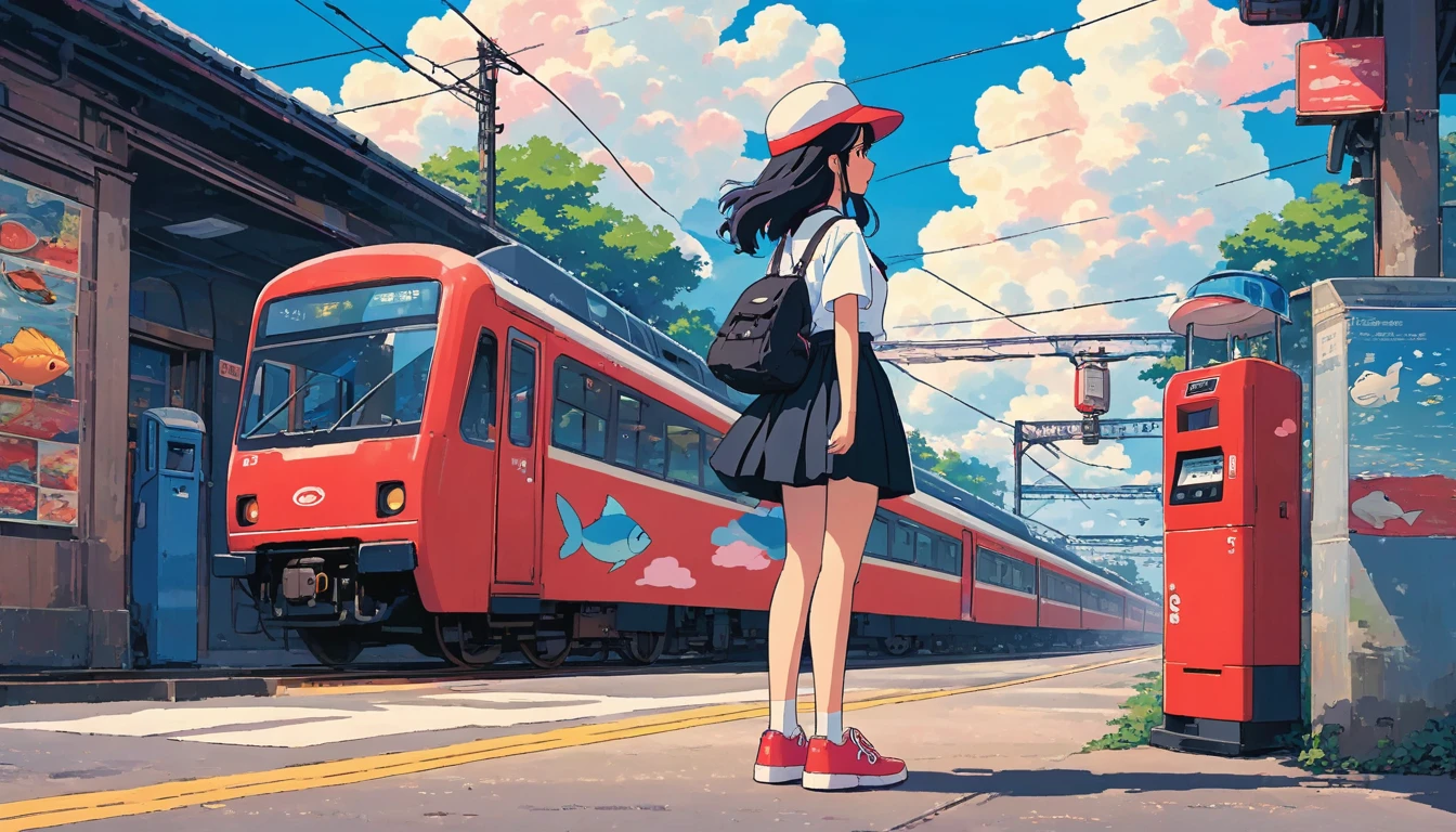 alone, lofi artstyle, lofi art, city, town, 80s anime style, Retro, Lo-Fi, masterpiece, best quality, (extremely detailed CG unity 8k wallpaper), (best quality), (best illustration), (best shadow), absurdres, realistic lighting, (Abyss), beautiful detailed glow, 1girl, solo, long hair, skirt, shirt, black hair, hat, holding, standing, white shirt, short sleeves, outdoors, sky, shoes, cloud, black skirt, bag, from behind, blue sky, arms behind back, ground vehicle, red footwear, headwear removed, fish, bubble, wide shot, power lines, train, vending machine, train station